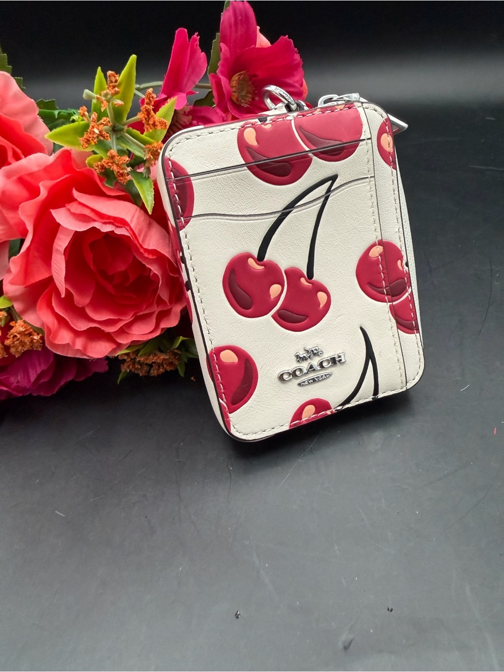 COACH Cherry Print Zip Card Case - White/Red